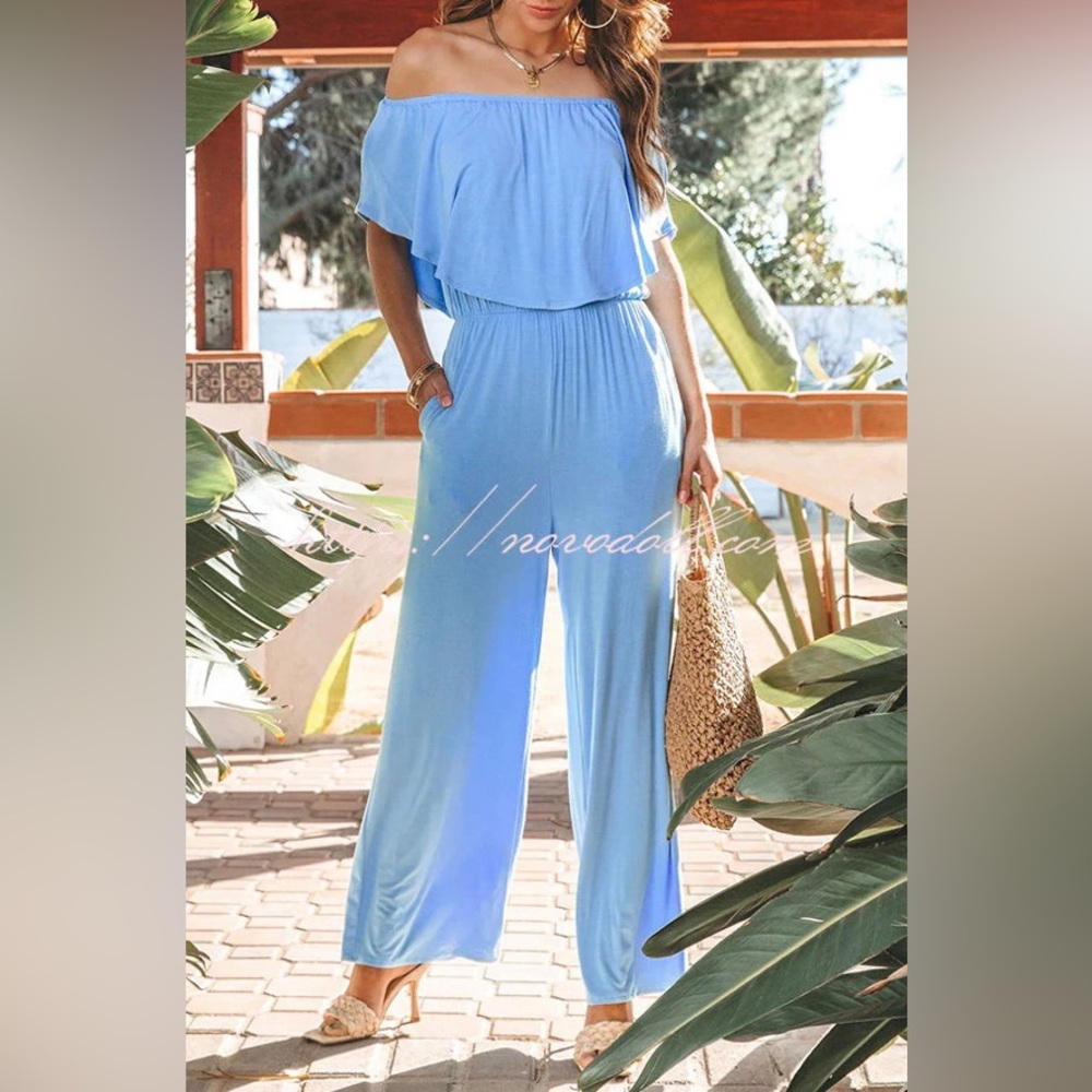 Off The Shoulder Pocketed Elastic Waist Jumpsuit